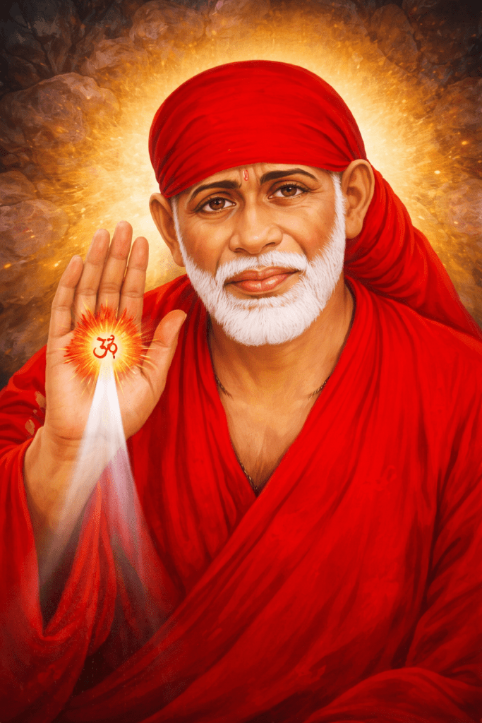 Sri Shirdi Sai Baba giving blessings – digital devotional painting used for Sai Baba Kakad Aarti post.