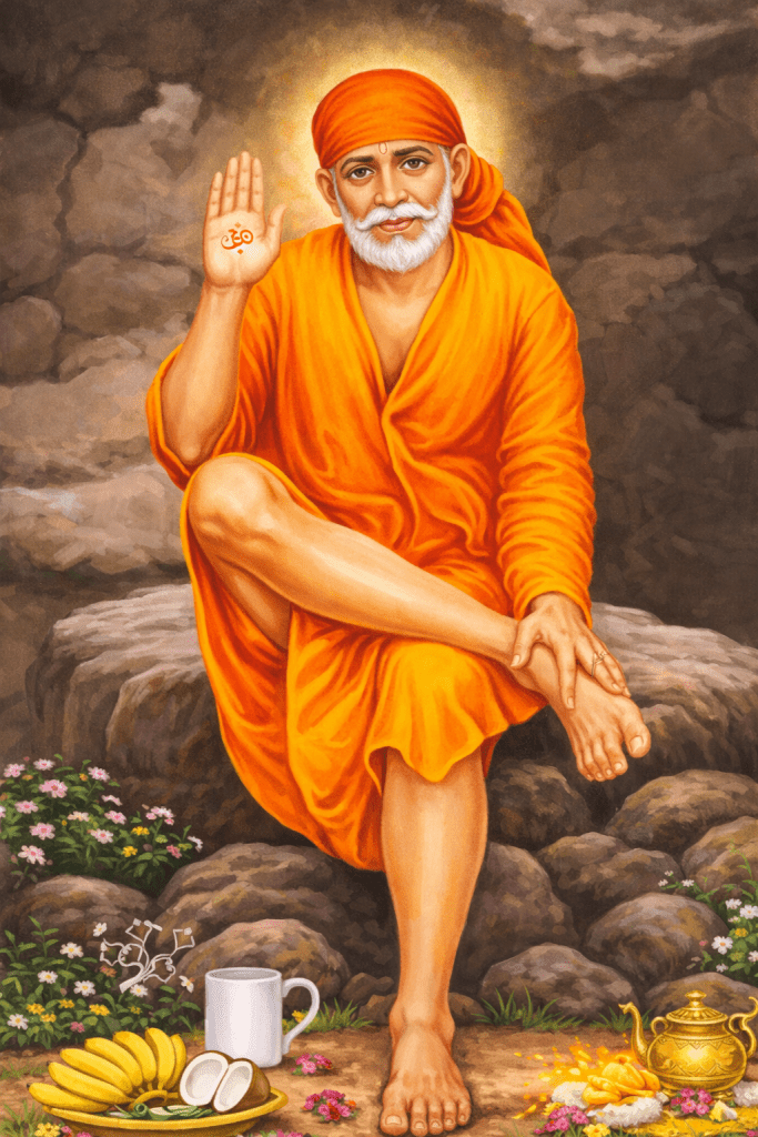 Sri Shirdi Sai Baba seated on stone giving blessings – digital devotional art for Sai Baba Madhyana Aarti post.
