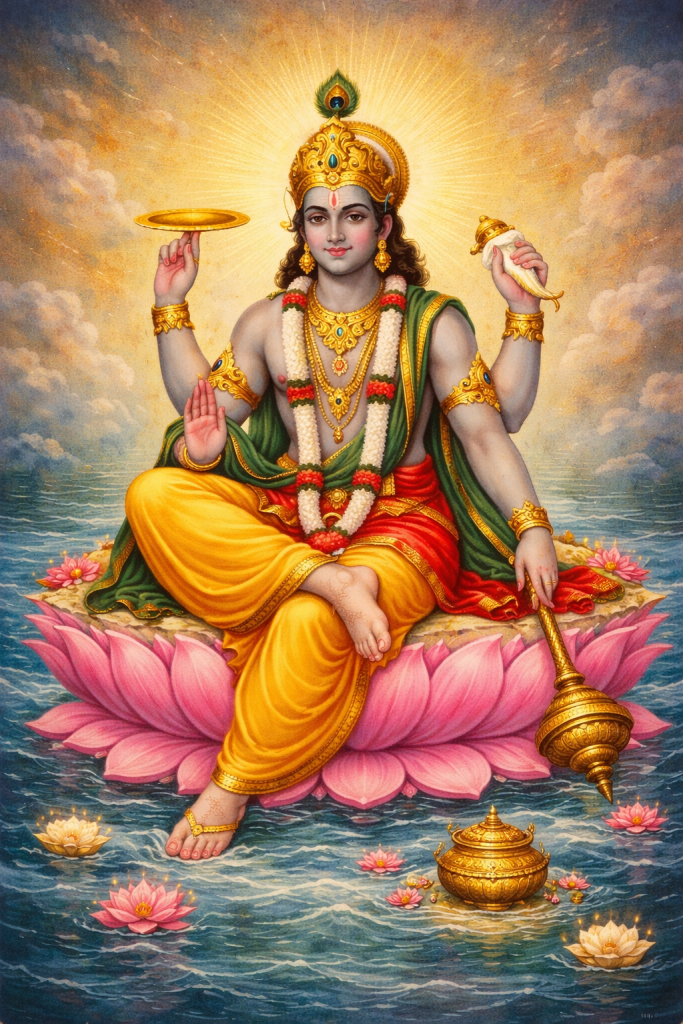 Lord Vishnu seated on lotus holding conch, discus, mace, and lotus – traditional Hindu devotional art for Vishnu Sahasranama Stotram post.