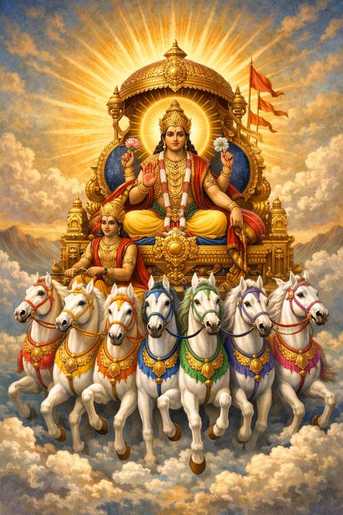 Lord Surya seated on a golden chariot (ratha) driven by seven white horses, radiating divine light, symbolizing energy, time, and the seven colors of sunlight.