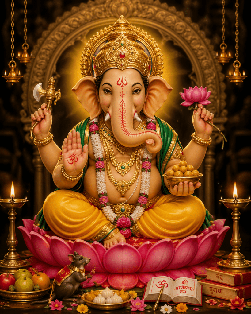 Lord Ganesha sitting on lotus holding modak and blessing devotees – Ganesha Pancharatnam