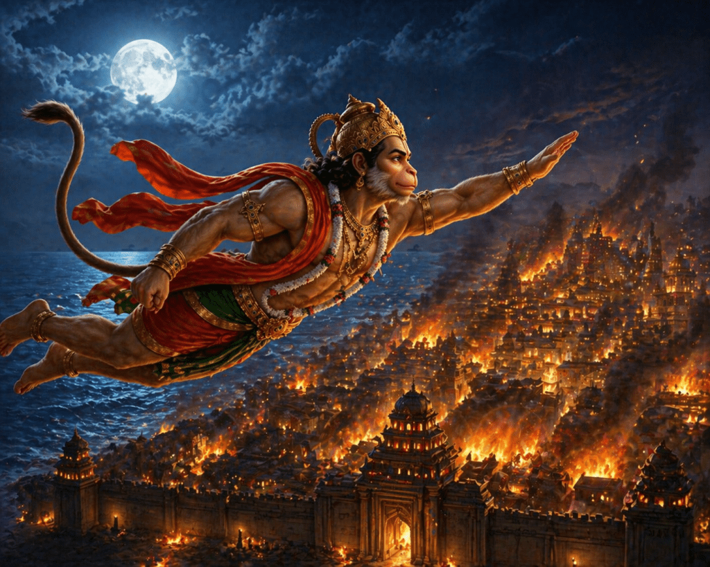 Hanuman flying across the ocean to Lanka and meeting Sita in Ashoka Vatika – Ekashloka Sundarakanda depiction