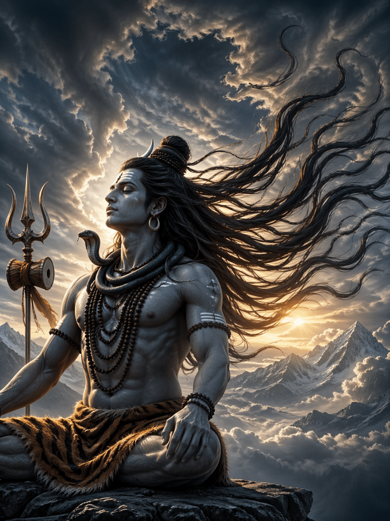Lord Shiva meditating on mountain with flowing hair in sky, symbolizing power, peace, and destruction of poverty and negative energy